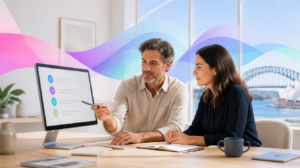 A small-business owner and an advisor reviewing a simple plan together, with soft Codai gradient ribbons suggesting AI in the background