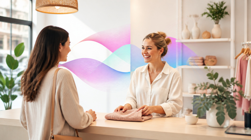 A friendly Australian shop worker helping a customer at a counter, with soft Codai gradient ribbons suggesting AI handling routine enquiries