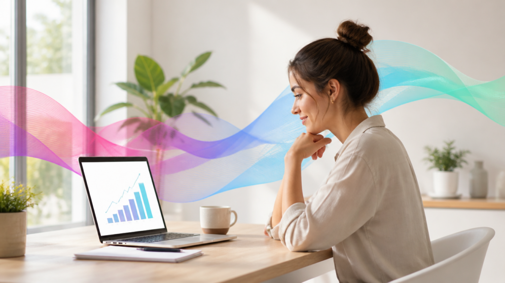 A small-business owner looking at a clean sales chart on a laptop, with soft Codai gradient ribbons suggesting AI in the background