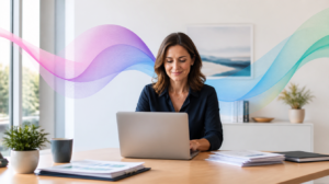 An Australian small-business owner working calmly at a laptop in a tidy office, with soft Codai gradient ribbons suggesting AI used with care