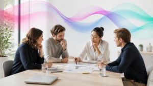 A small Australian team making a careful decision together in a bright office, with soft Codai gradient ribbons suggesting responsible AI