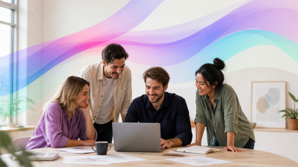 A small Australian creative and marketing team collaborating around a laptop, with soft Codai gradient ribbons suggesting AI assistance