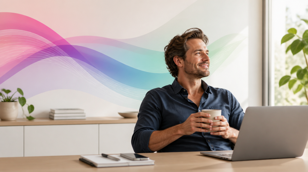 A relaxed Australian small-business owner at a tidy desk, with soft Codai gradient ribbons suggesting AI handling admin