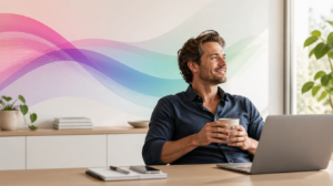 A relaxed Australian small-business owner at a tidy desk, with soft Codai gradient ribbons suggesting AI handling admin