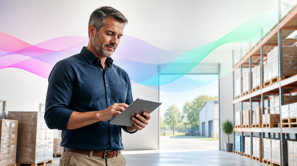 A manager checking a tablet in a clean, bright, well-organised warehouse, with soft Codai gradient ribbons suggesting AI in operations