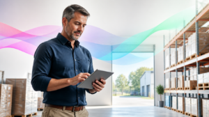 A manager checking a tablet in a clean, bright, well-organised warehouse, with soft Codai gradient ribbons suggesting AI in operations