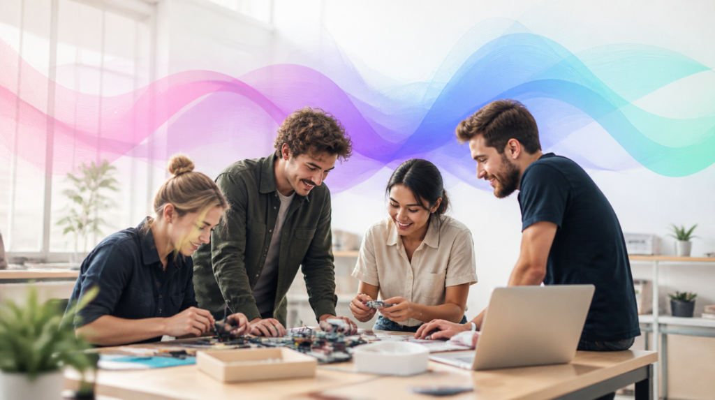 A small, resourceful Australian team experimenting at a bright workbench, with soft Codai gradient ribbons suggesting AI support